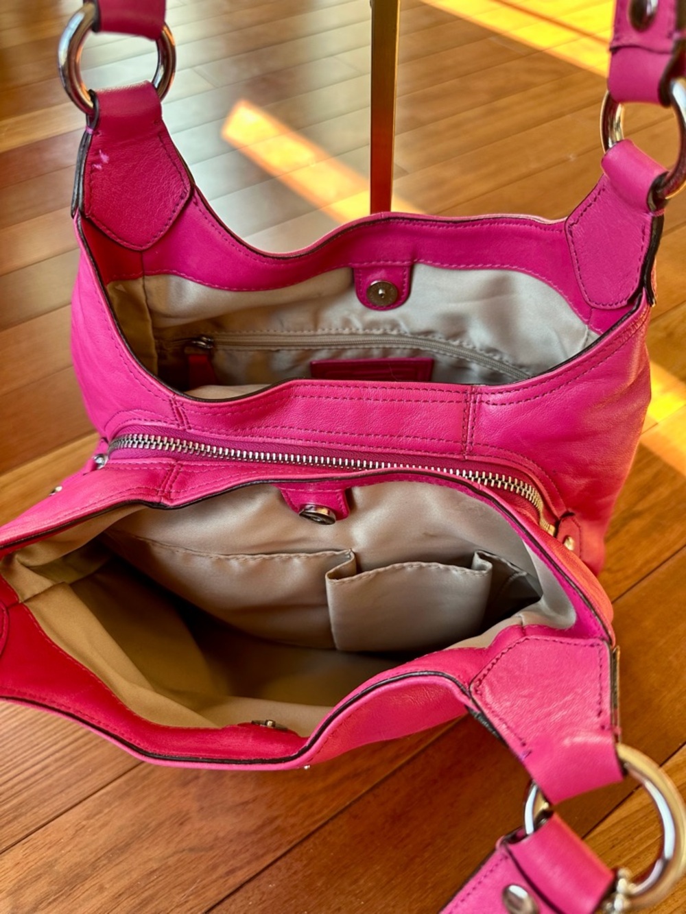 Coach Ashley Leather Hobo Shoulder Bag in Fuchsia with Tan Satin Interior - Picture 9 of 14
